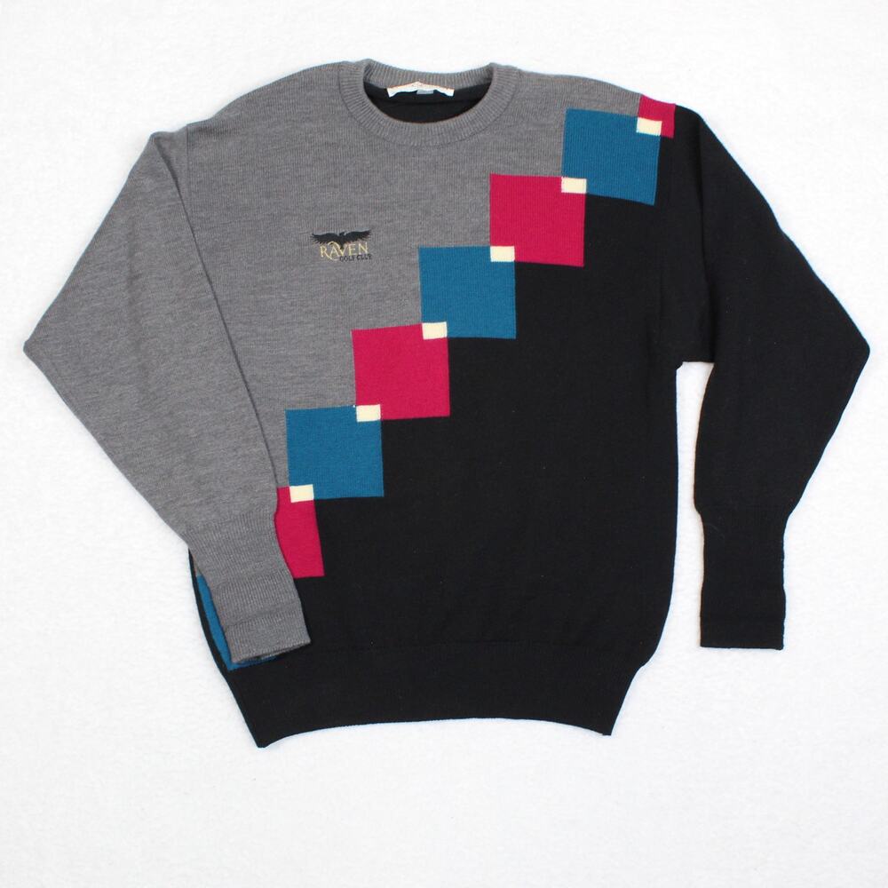 Hawick Scotland Merino Wool Sweater Mens Large Black Gray Heritage 90s Preppy